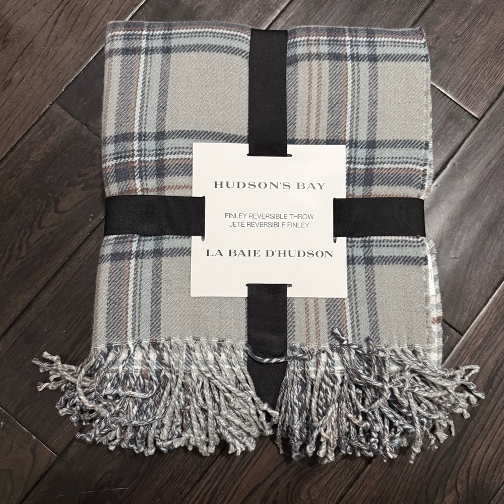 Hudson's Bay Reversible Finley Throw Blanket in Grey, Navy and Brown Tartan